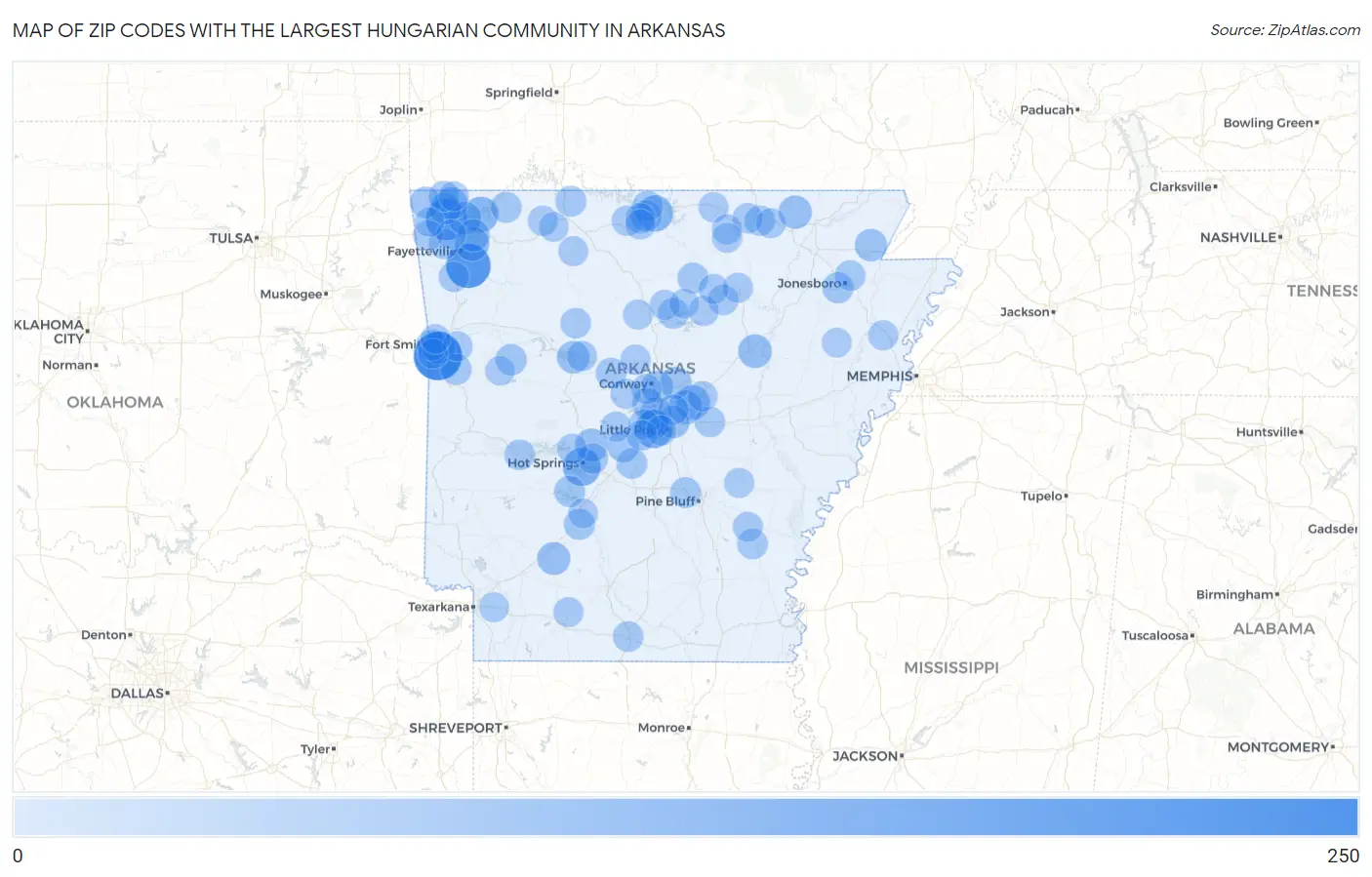 Zip Codes with the Largest Hungarian Community in Arkansas Map