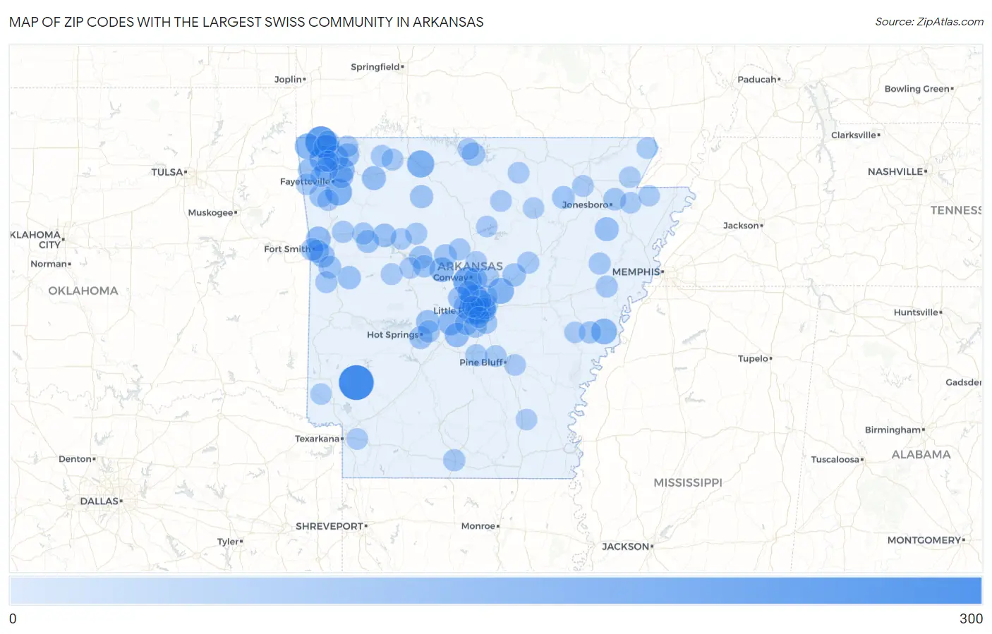 Zip Codes with the Largest Swiss Community in Arkansas Map