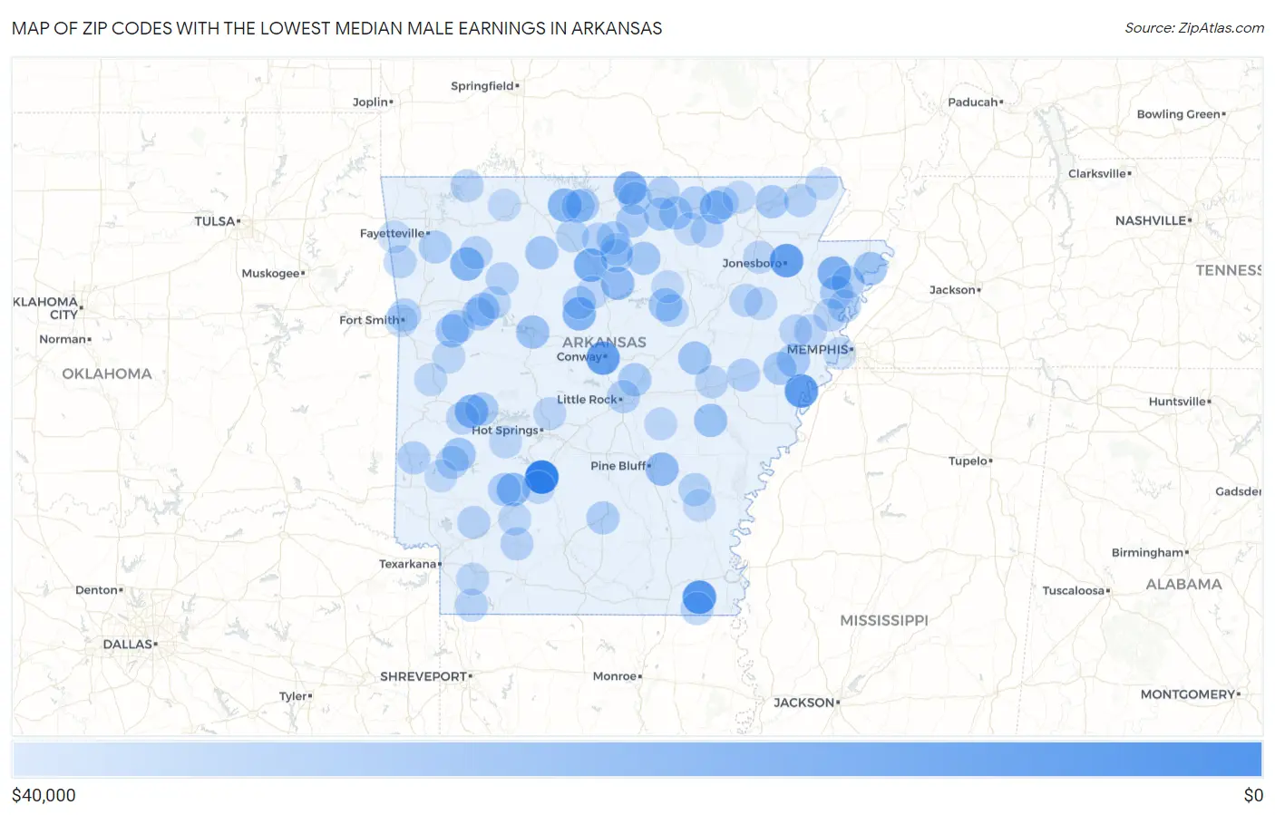 Zip Codes with the Lowest Median Male Earnings in Arkansas Map