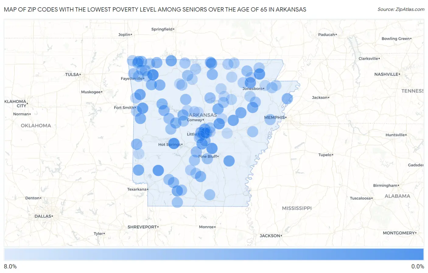 Zip Codes with the Lowest Poverty Level Among Seniors Over the Age of 65 in Arkansas Map