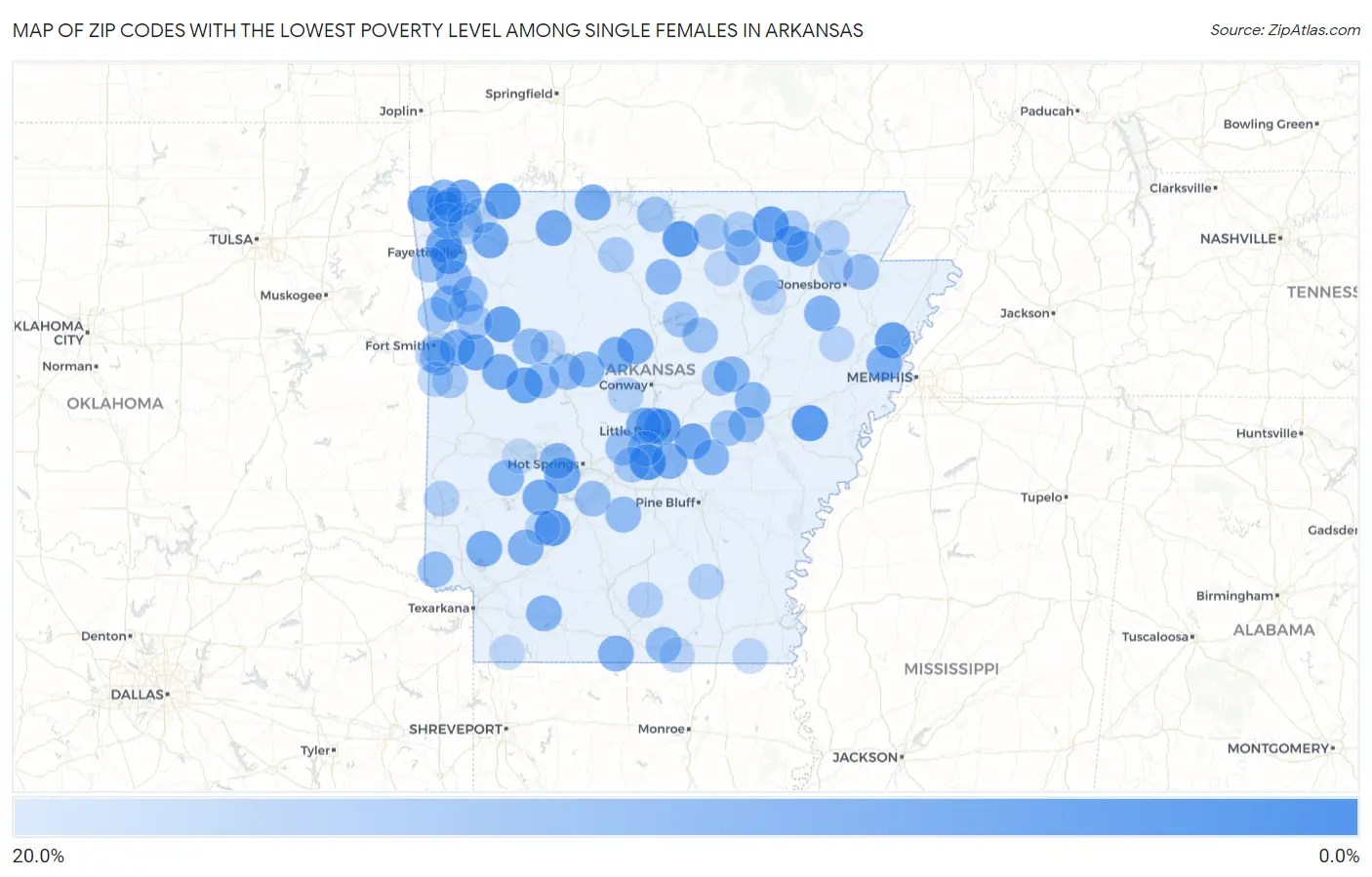 Zip Codes with the Lowest Poverty Level Among Single Females in Arkansas Map