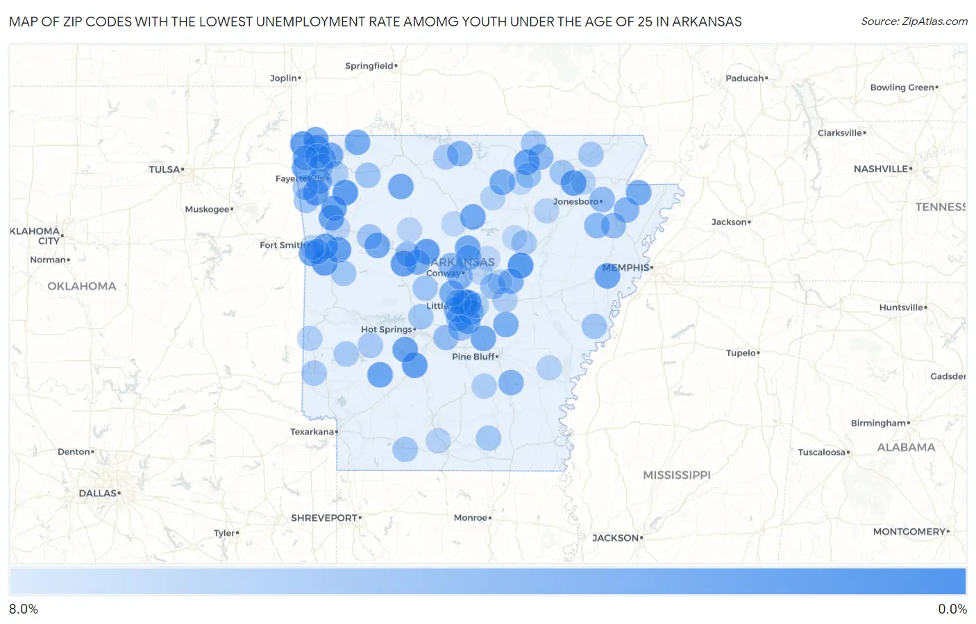 Zip Codes with the Lowest Unemployment Rate Amomg Youth Under the Age of 25 in Arkansas Map