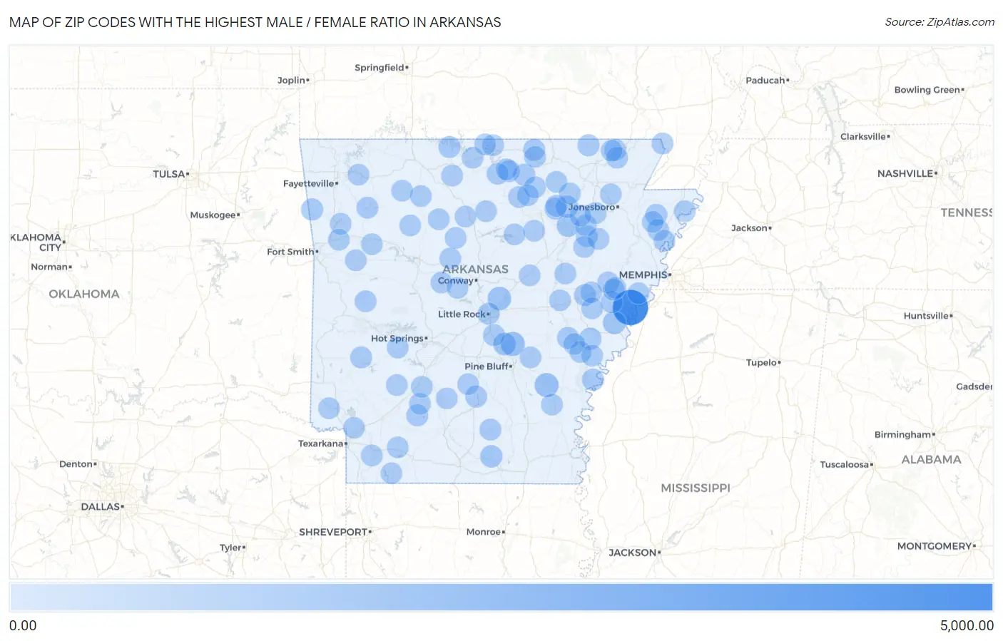 Zip Codes with the Highest Male / Female Ratio in Arkansas Map