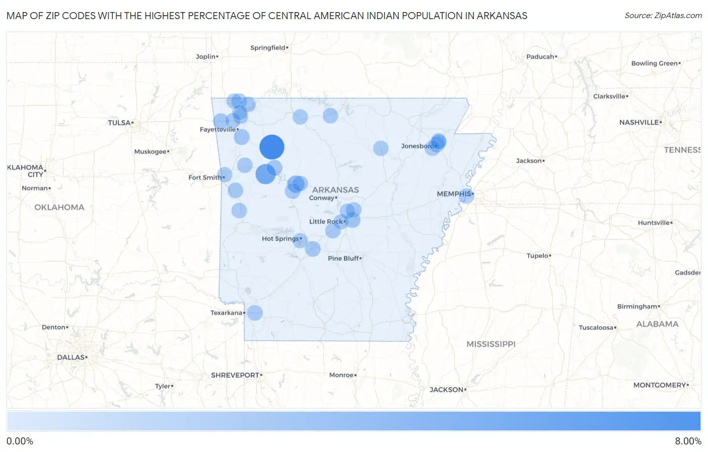 Zip Codes with the Highest Percentage of Central American Indian Population in Arkansas Map