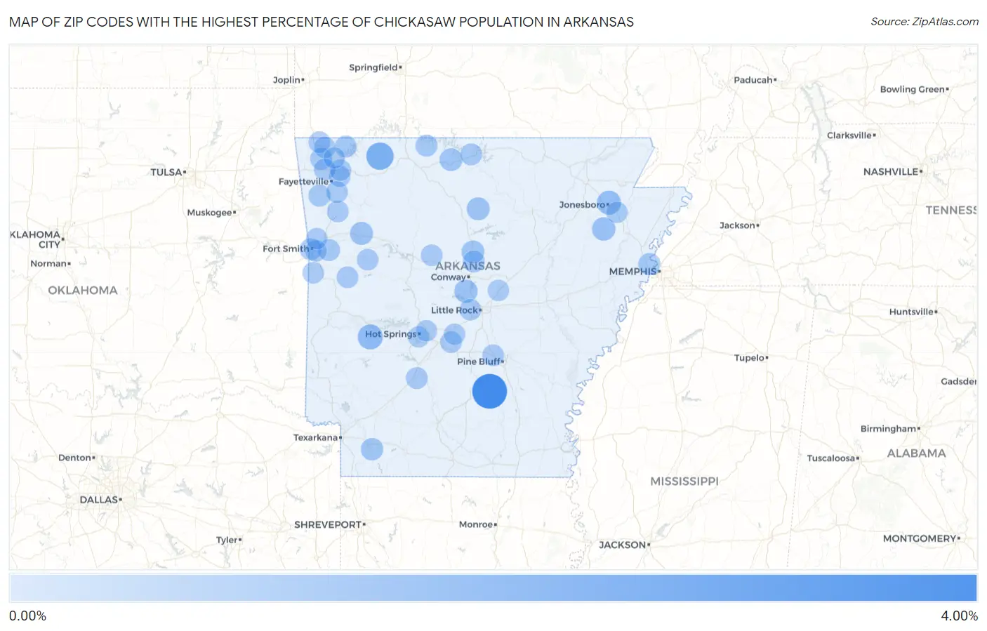 Zip Codes with the Highest Percentage of Chickasaw Population in Arkansas Map