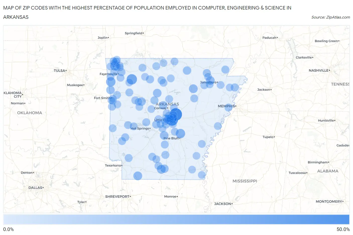 Zip Codes with the Highest Percentage of Population Employed in Computer, Engineering & Science in Arkansas Map
