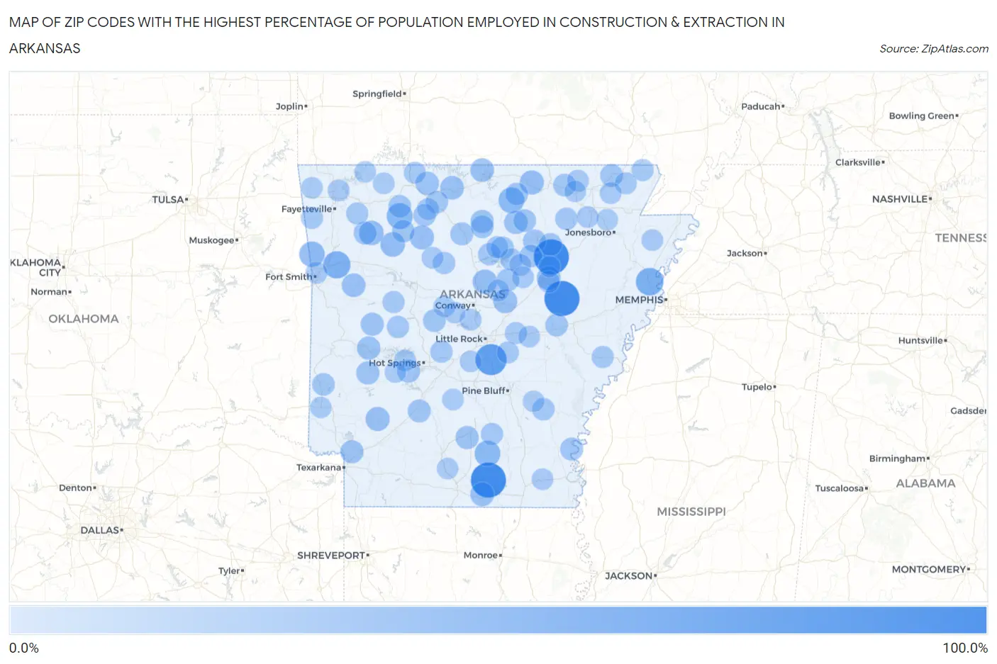 Zip Codes with the Highest Percentage of Population Employed in Construction & Extraction in Arkansas Map