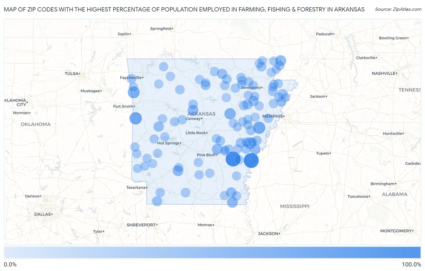 Zip Codes with the Highest Percentage of Population Employed in Farming, Fishing & Forestry in Arkansas Map