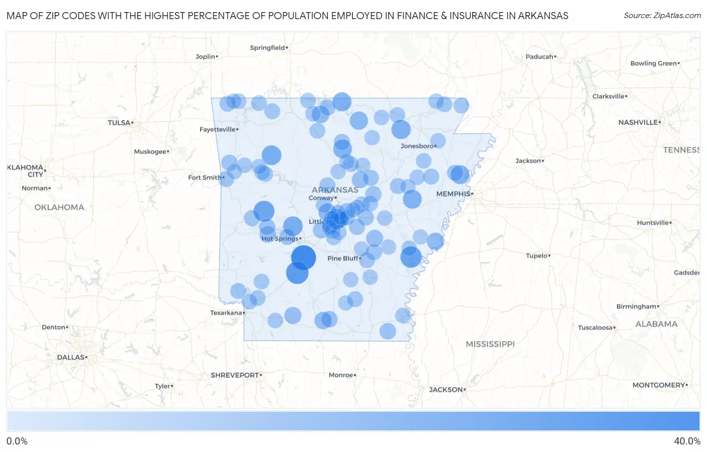 Zip Codes with the Highest Percentage of Population Employed in Finance & Insurance in Arkansas Map
