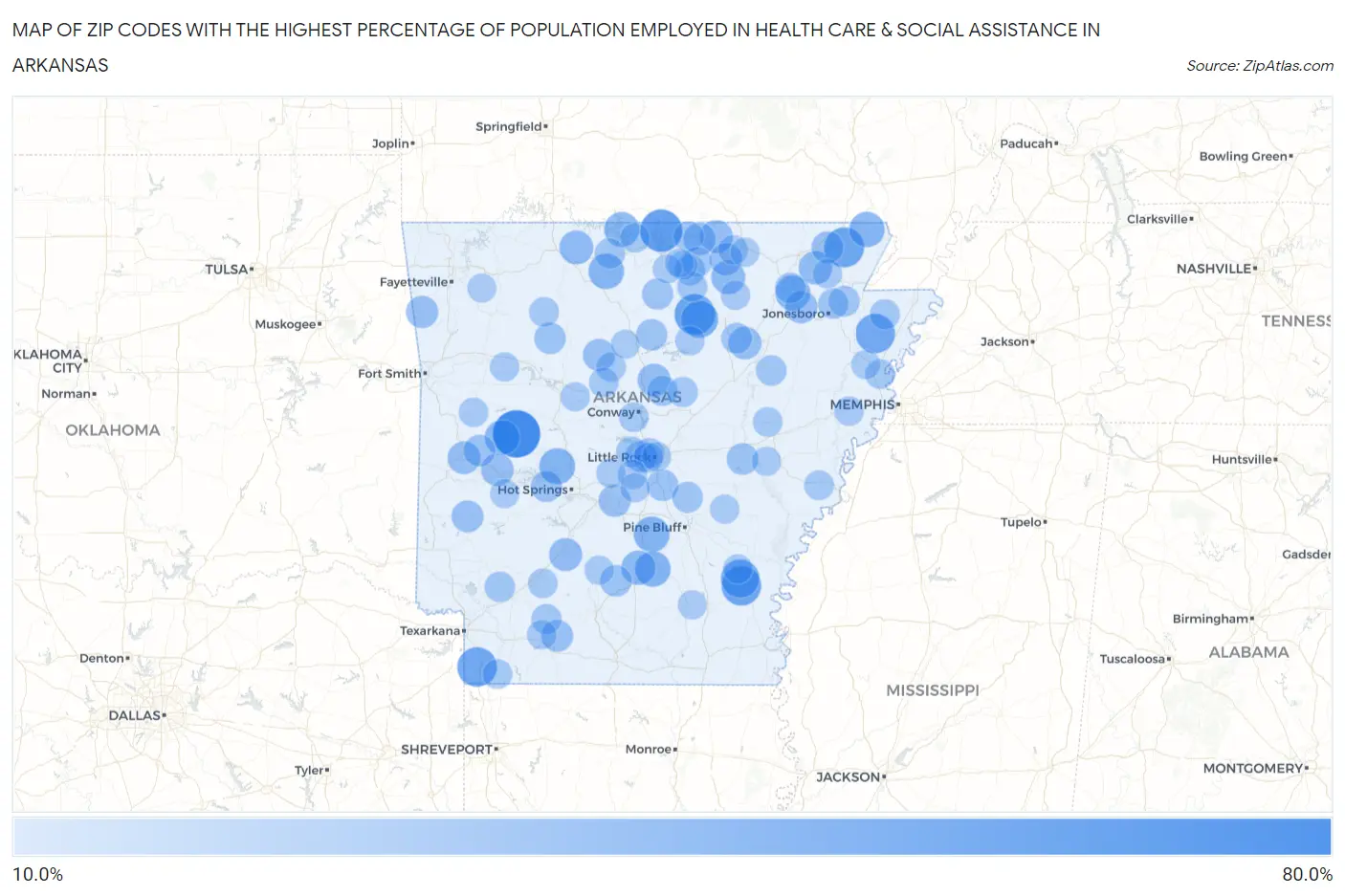 Zip Codes with the Highest Percentage of Population Employed in Health Care & Social Assistance in Arkansas Map