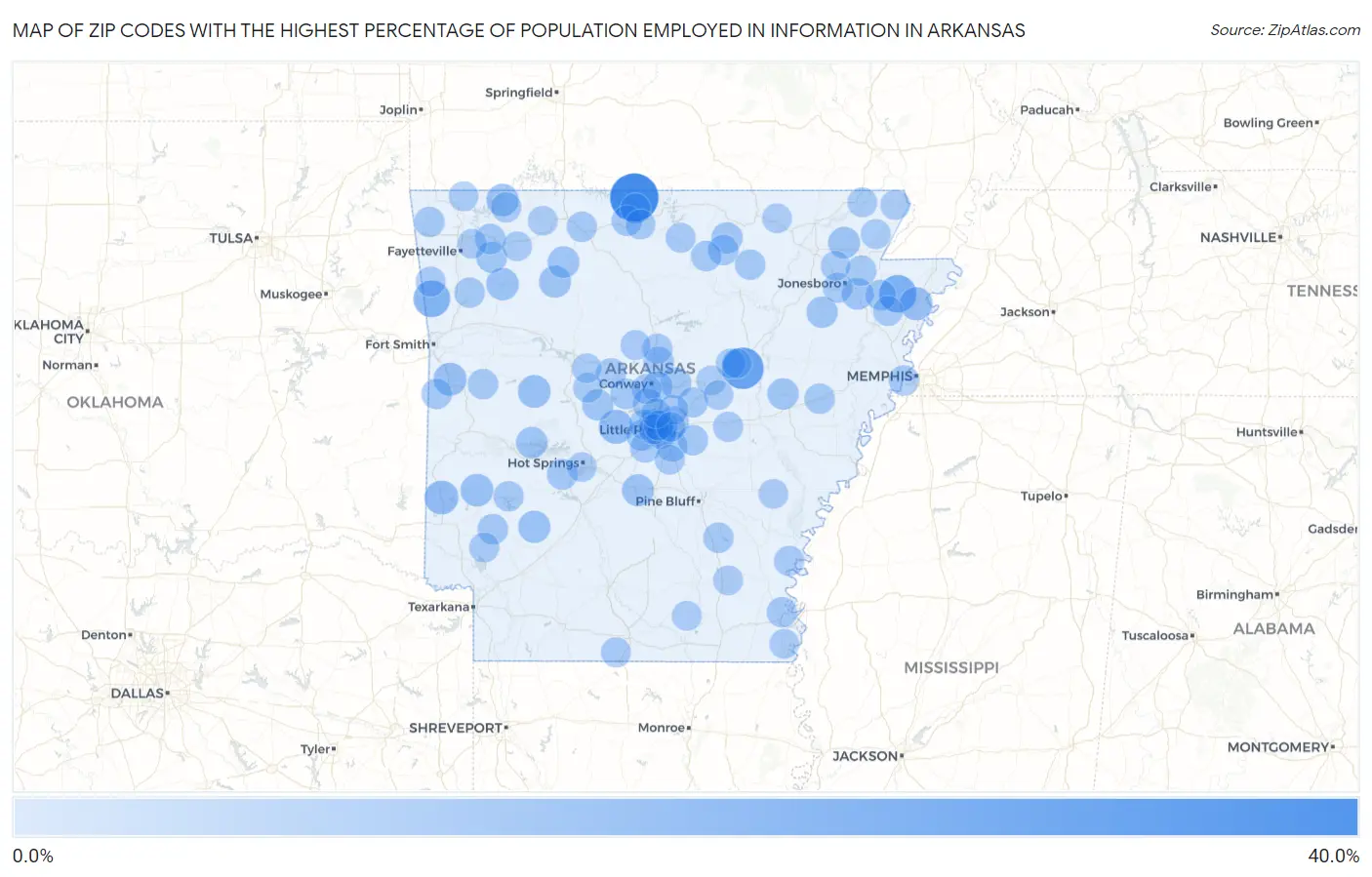 Zip Codes with the Highest Percentage of Population Employed in Information in Arkansas Map