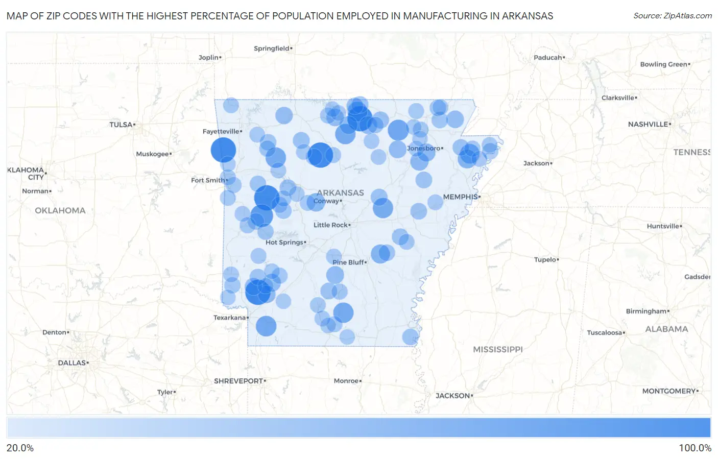 Zip Codes with the Highest Percentage of Population Employed in Manufacturing in Arkansas Map