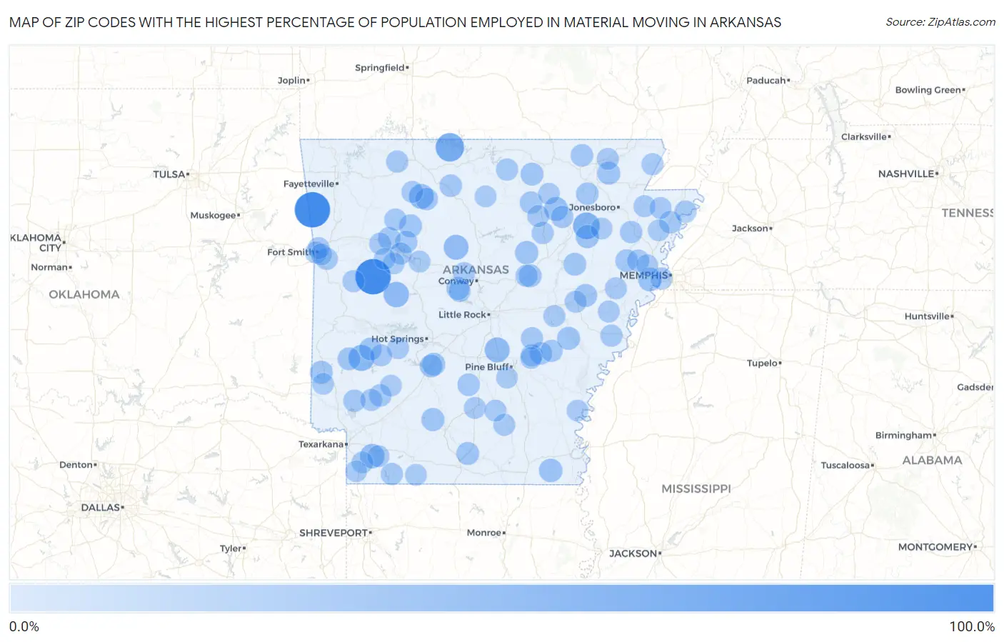 Zip Codes with the Highest Percentage of Population Employed in Material Moving in Arkansas Map