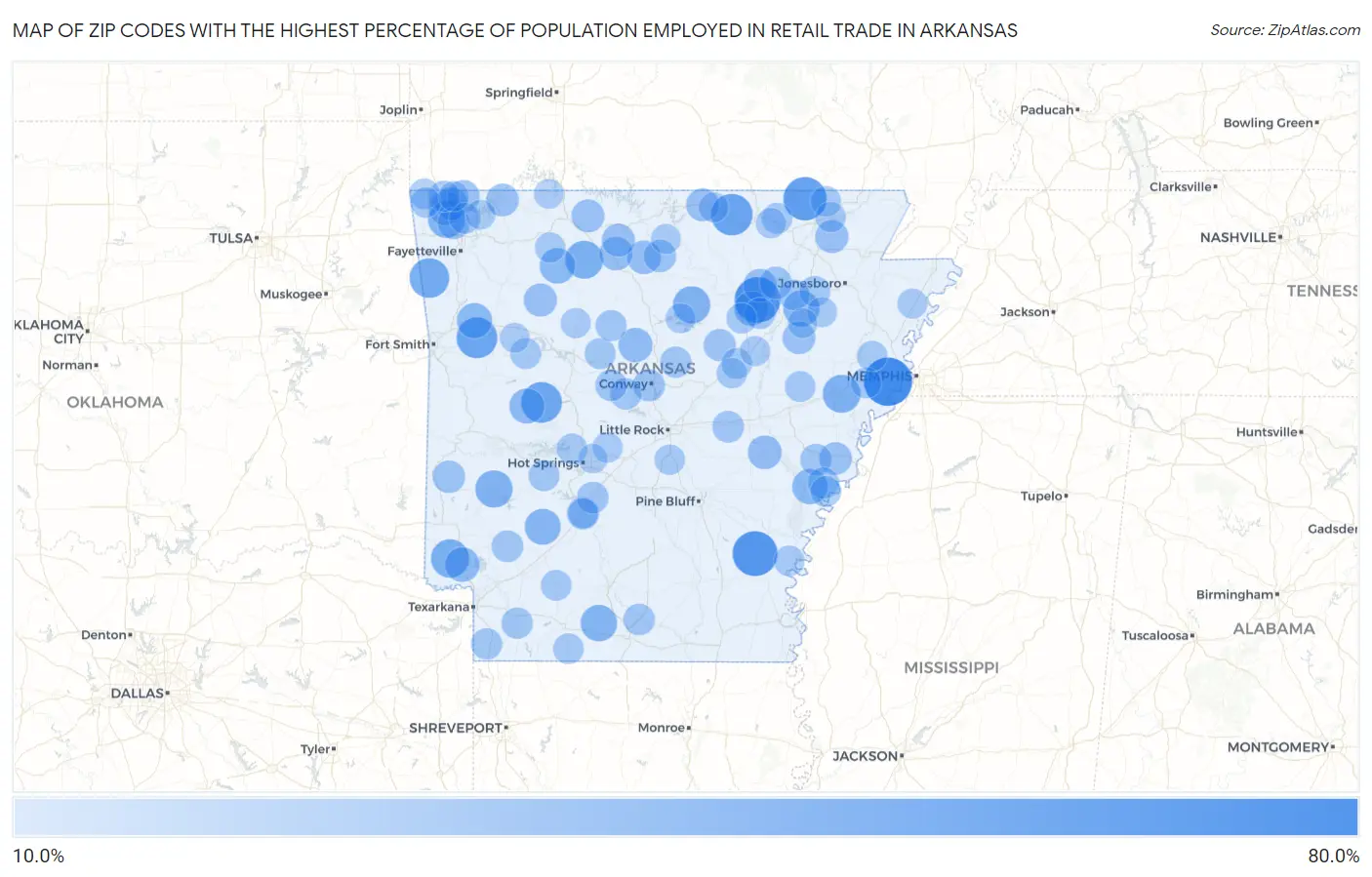 Zip Codes with the Highest Percentage of Population Employed in Retail Trade in Arkansas Map