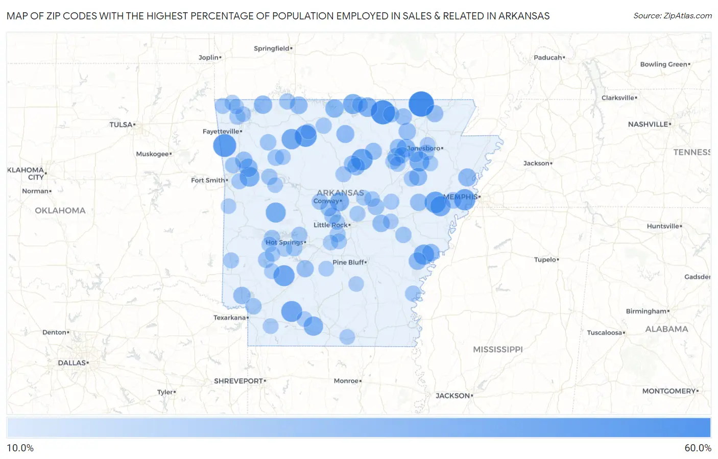 Zip Codes with the Highest Percentage of Population Employed in Sales & Related in Arkansas Map