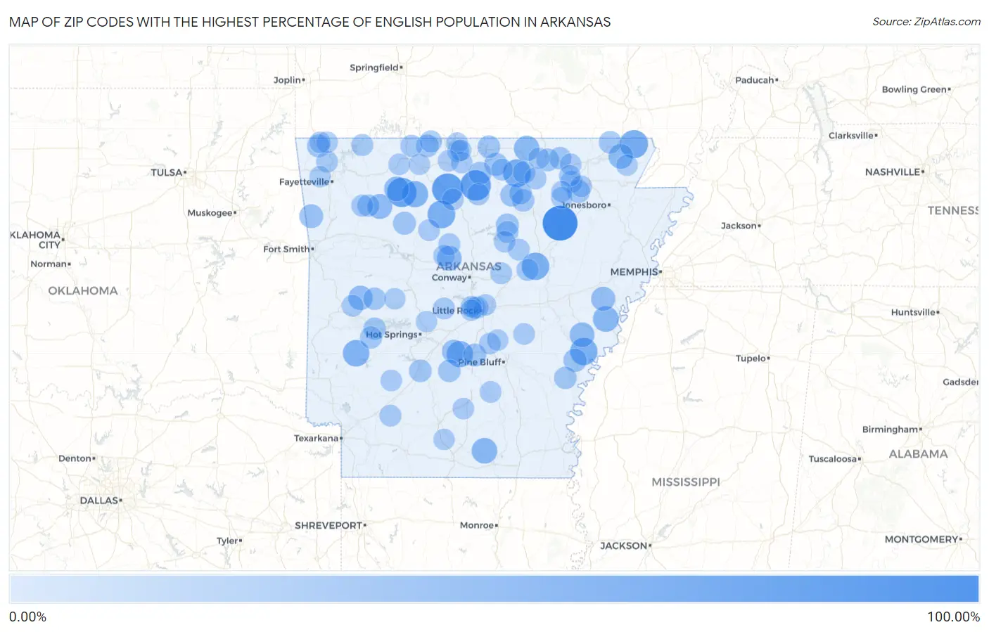 Zip Codes with the Highest Percentage of English Population in Arkansas Map