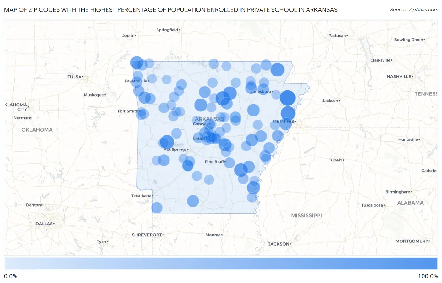 Zip Codes with the Highest Percentage of Population Enrolled in Private School in Arkansas Map