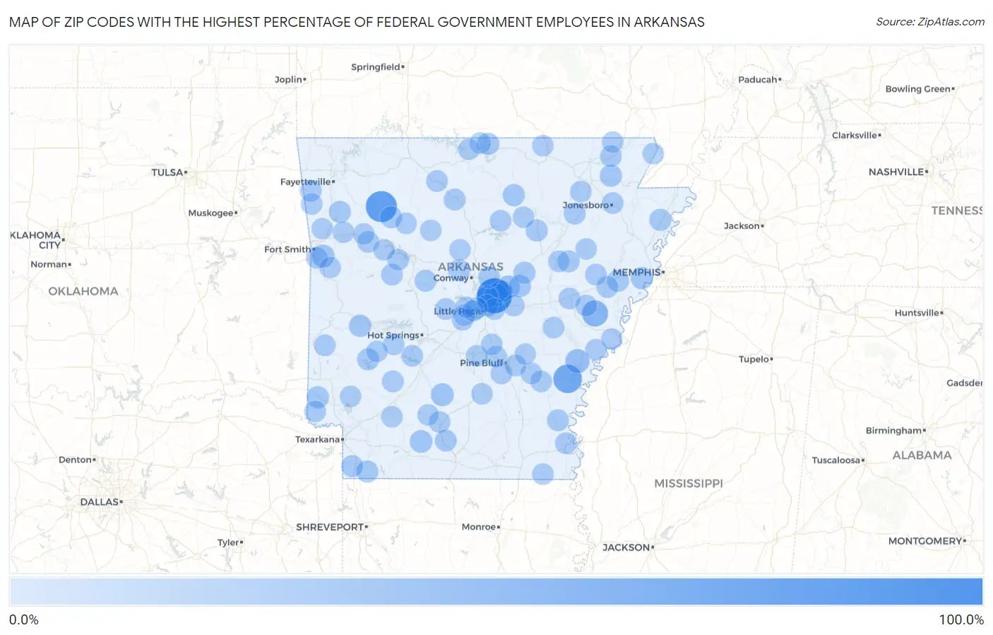 Zip Codes with the Highest Percentage of Federal Government Employees in Arkansas Map