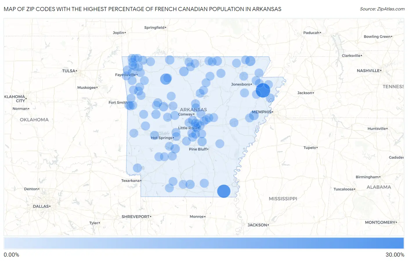 Zip Codes with the Highest Percentage of French Canadian Population in Arkansas Map