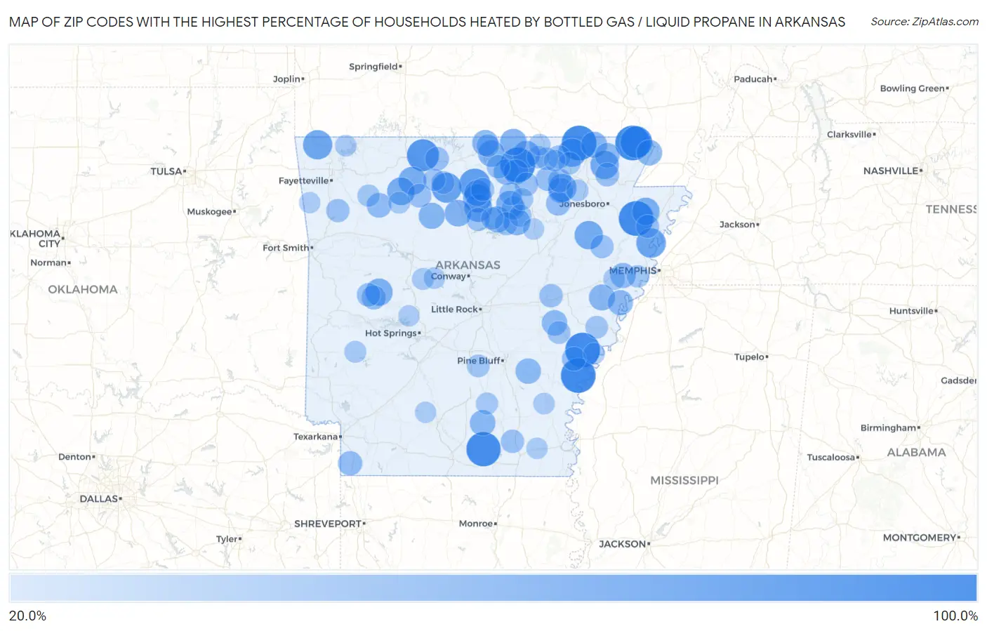 Zip Codes with the Highest Percentage of Households Heated by Bottled Gas / Liquid Propane in Arkansas Map