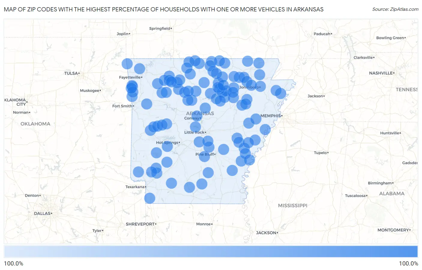 Zip Codes with the Highest Percentage of Households With One or more Vehicles in Arkansas Map