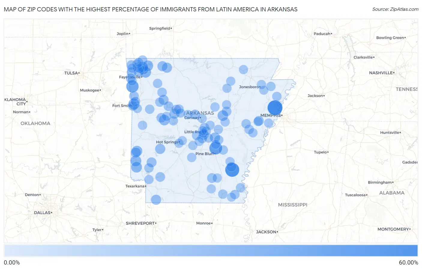 Zip Codes with the Highest Percentage of Immigrants from Latin America in Arkansas Map
