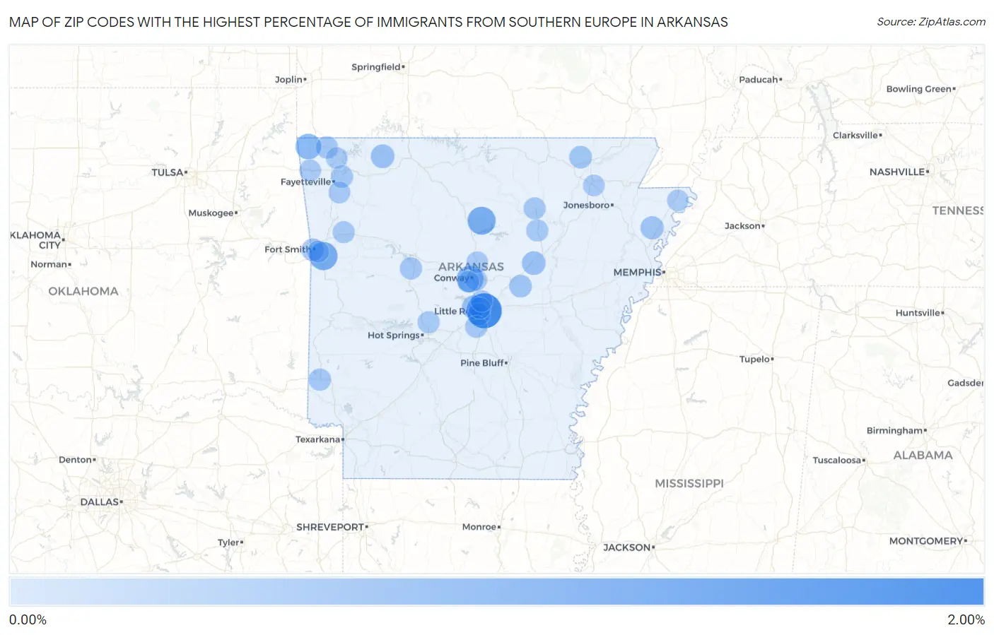 Zip Codes with the Highest Percentage of Immigrants from Southern Europe in Arkansas Map