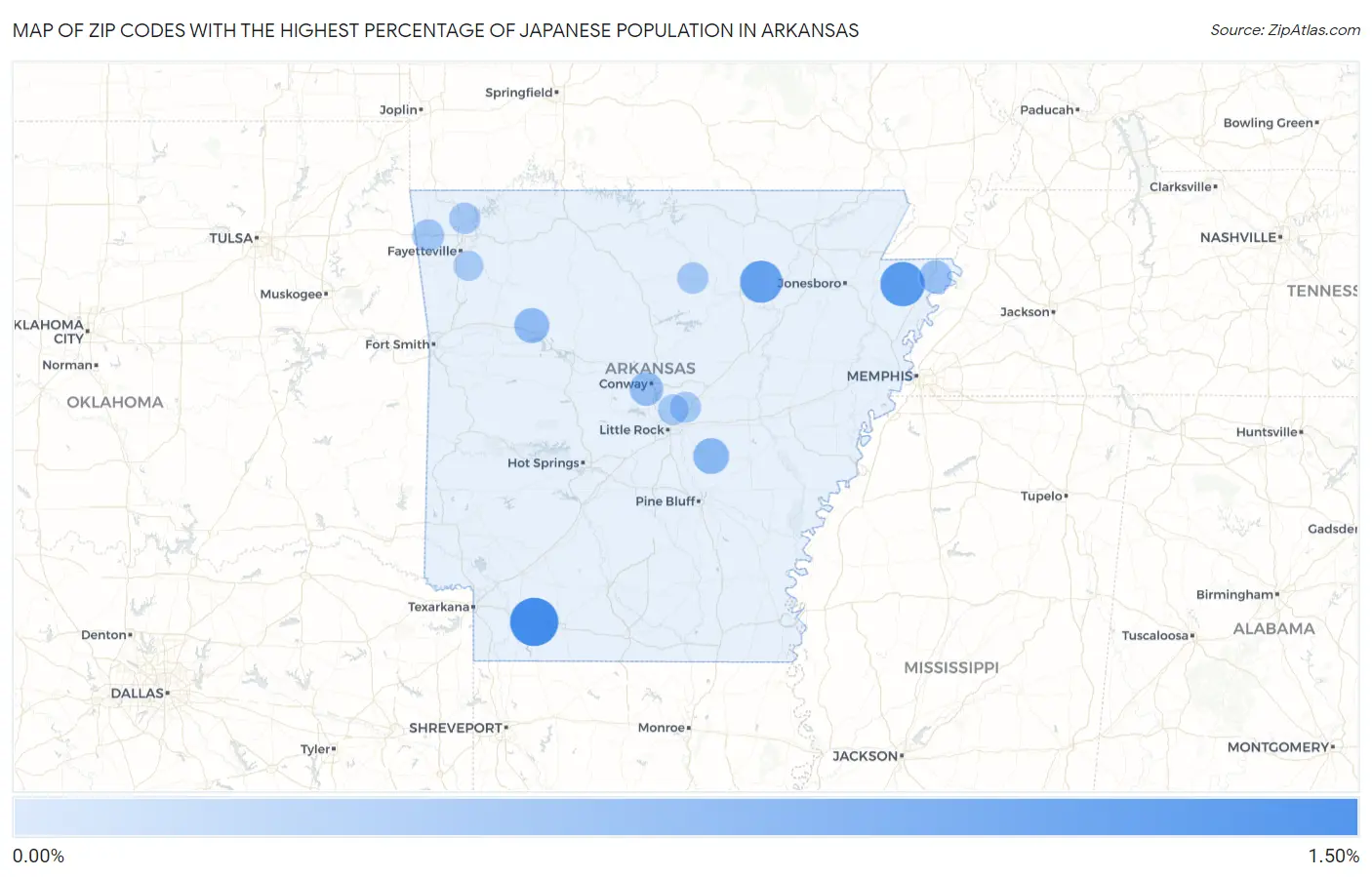 Zip Codes with the Highest Percentage of Japanese Population in Arkansas Map