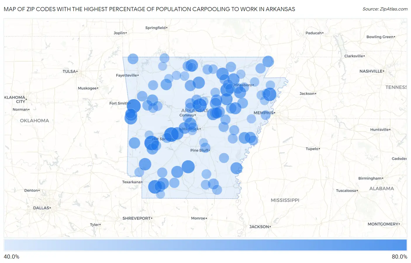 Zip Codes with the Highest Percentage of Population Carpooling to Work in Arkansas Map