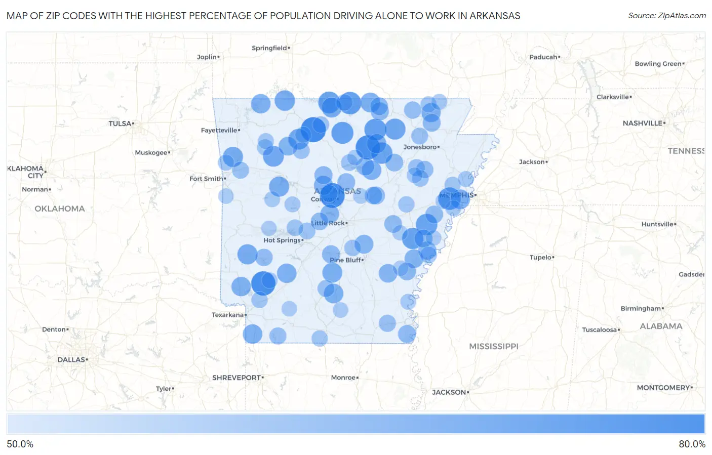 Zip Codes with the Highest Percentage of Population Driving Alone to Work in Arkansas Map