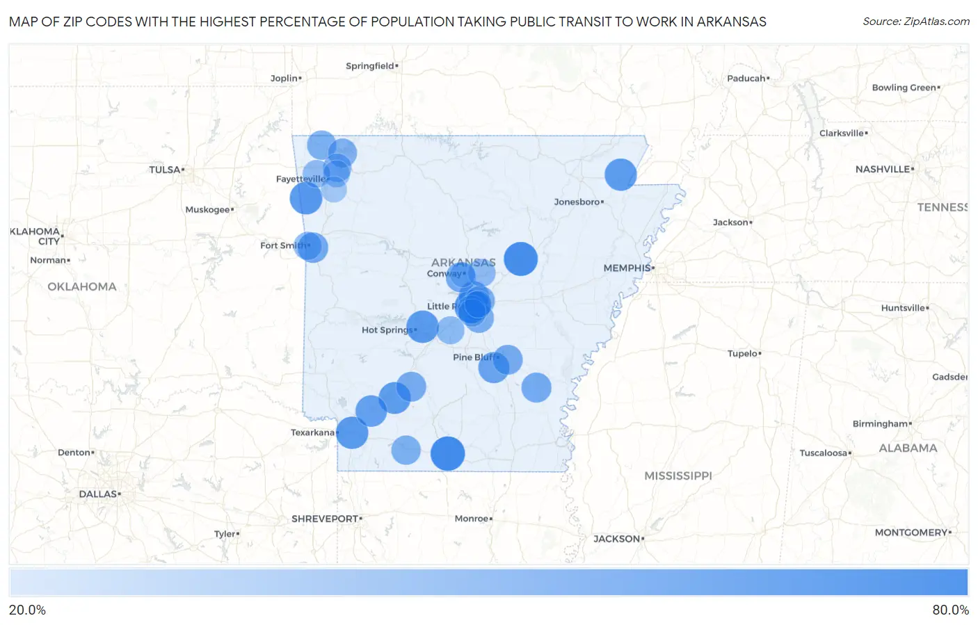 Zip Codes with the Highest Percentage of Population Taking Public Transit to Work in Arkansas Map