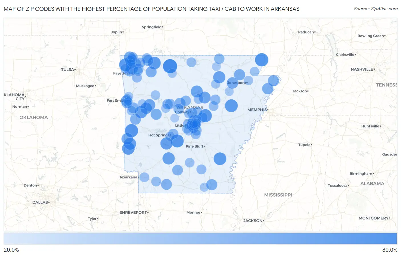 Zip Codes with the Highest Percentage of Population Taking Taxi / Cab to Work in Arkansas Map