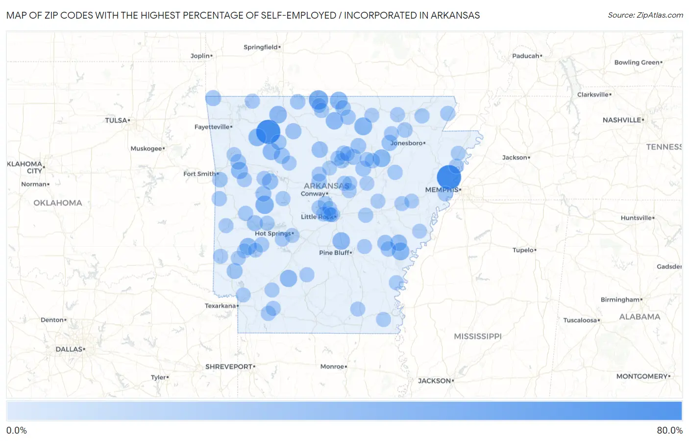 Zip Codes with the Highest Percentage of Self-Employed / Incorporated in Arkansas Map