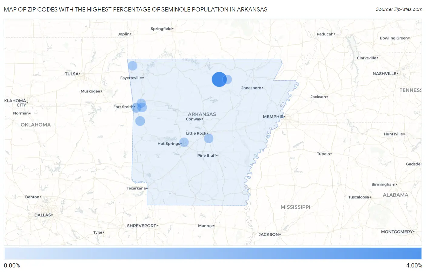 Zip Codes with the Highest Percentage of Seminole Population in Arkansas Map