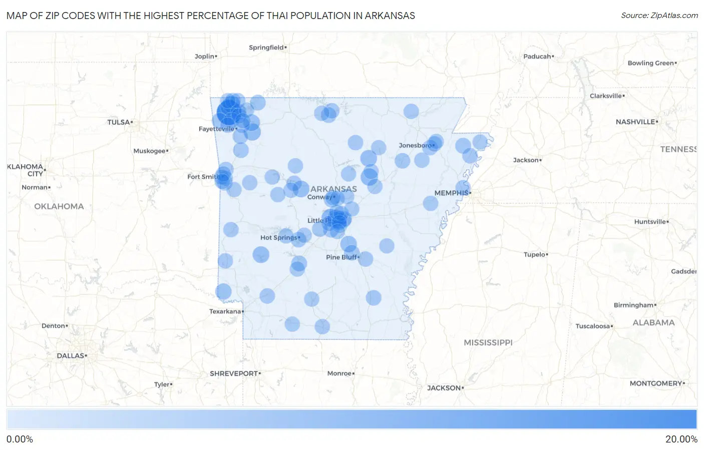 Zip Codes with the Highest Percentage of Thai Population in Arkansas Map