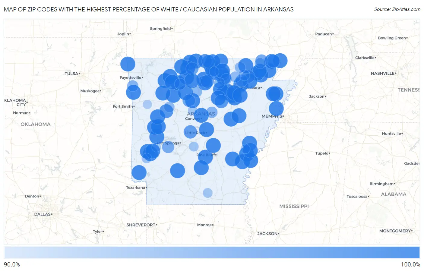 Zip Codes with the Highest Percentage of White / Caucasian Population in Arkansas Map