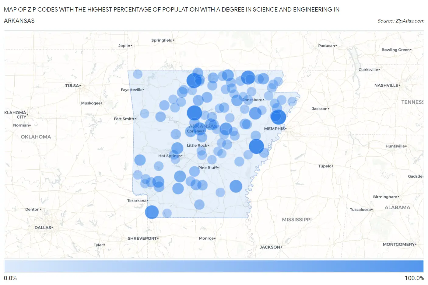 Zip Codes with the Highest Percentage of Population with a Degree in Science and Engineering in Arkansas Map