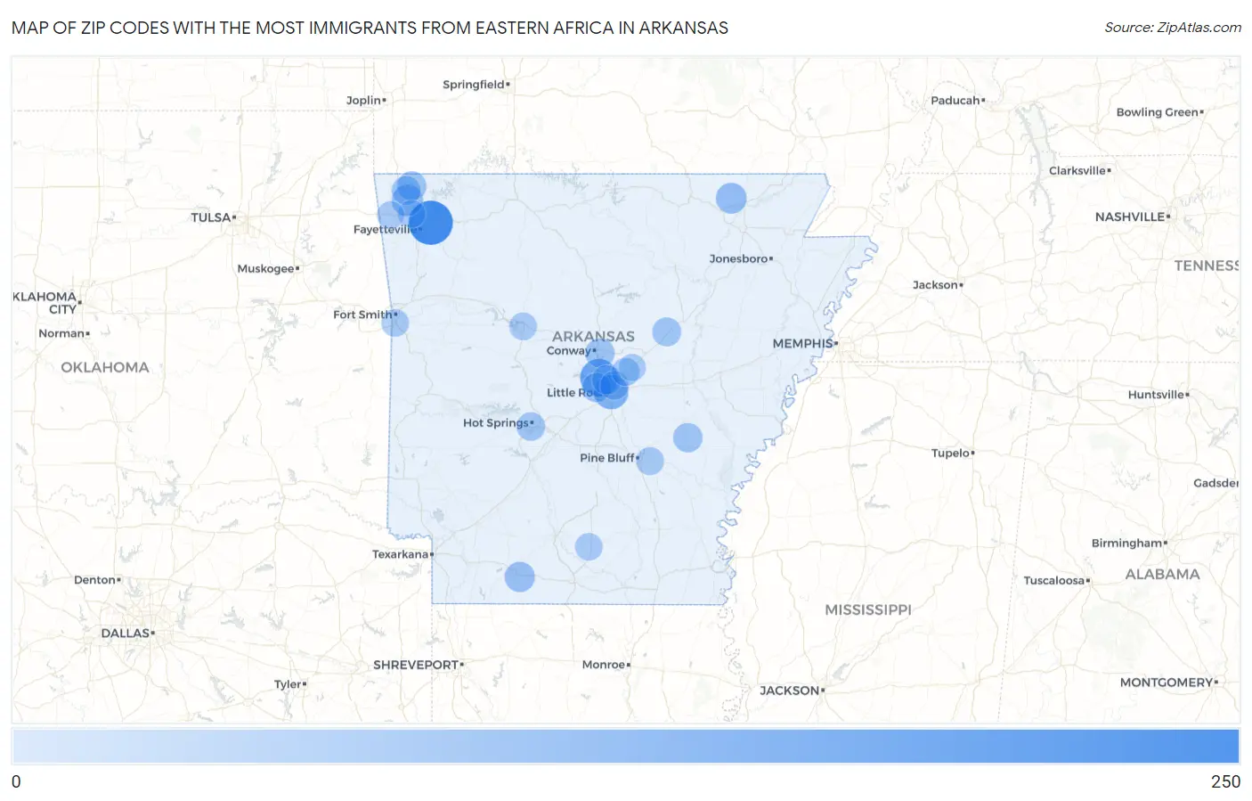 Zip Codes with the Most Immigrants from Eastern Africa in Arkansas Map
