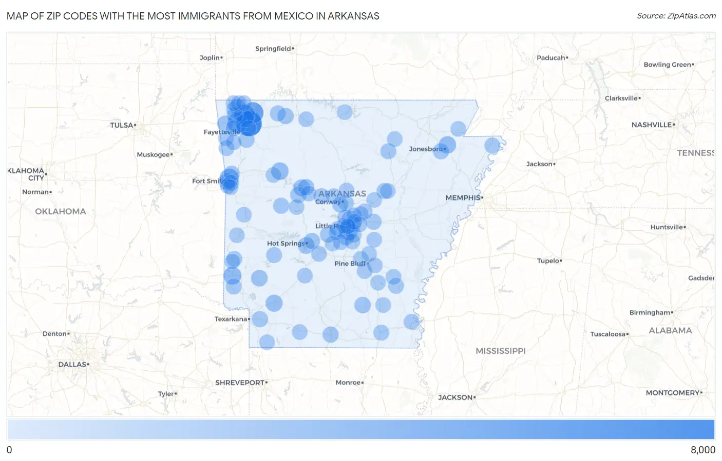 Zip Codes with the Most Immigrants from Mexico in Arkansas Map