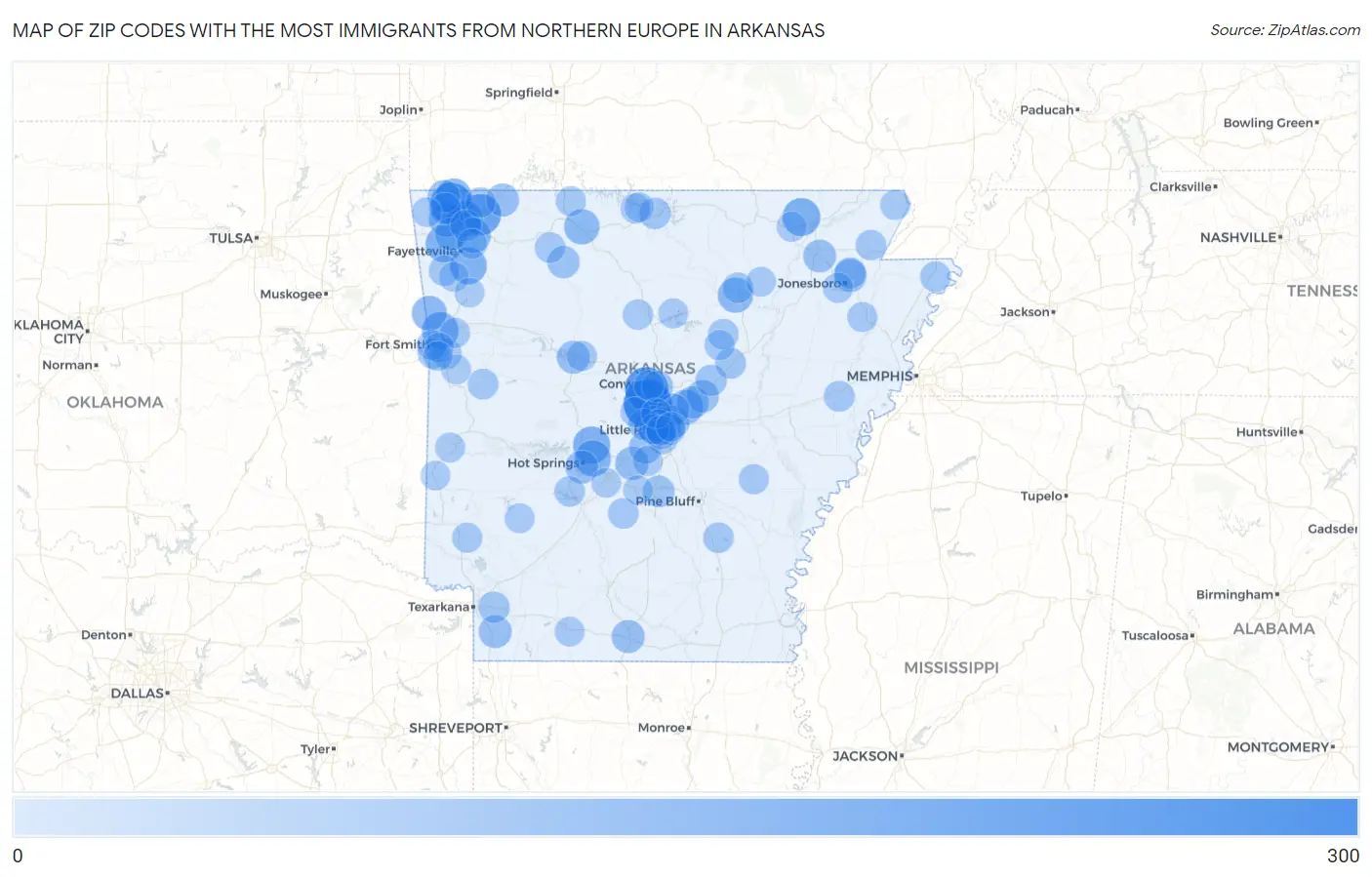 Zip Codes with the Most Immigrants from Northern Europe in Arkansas Map