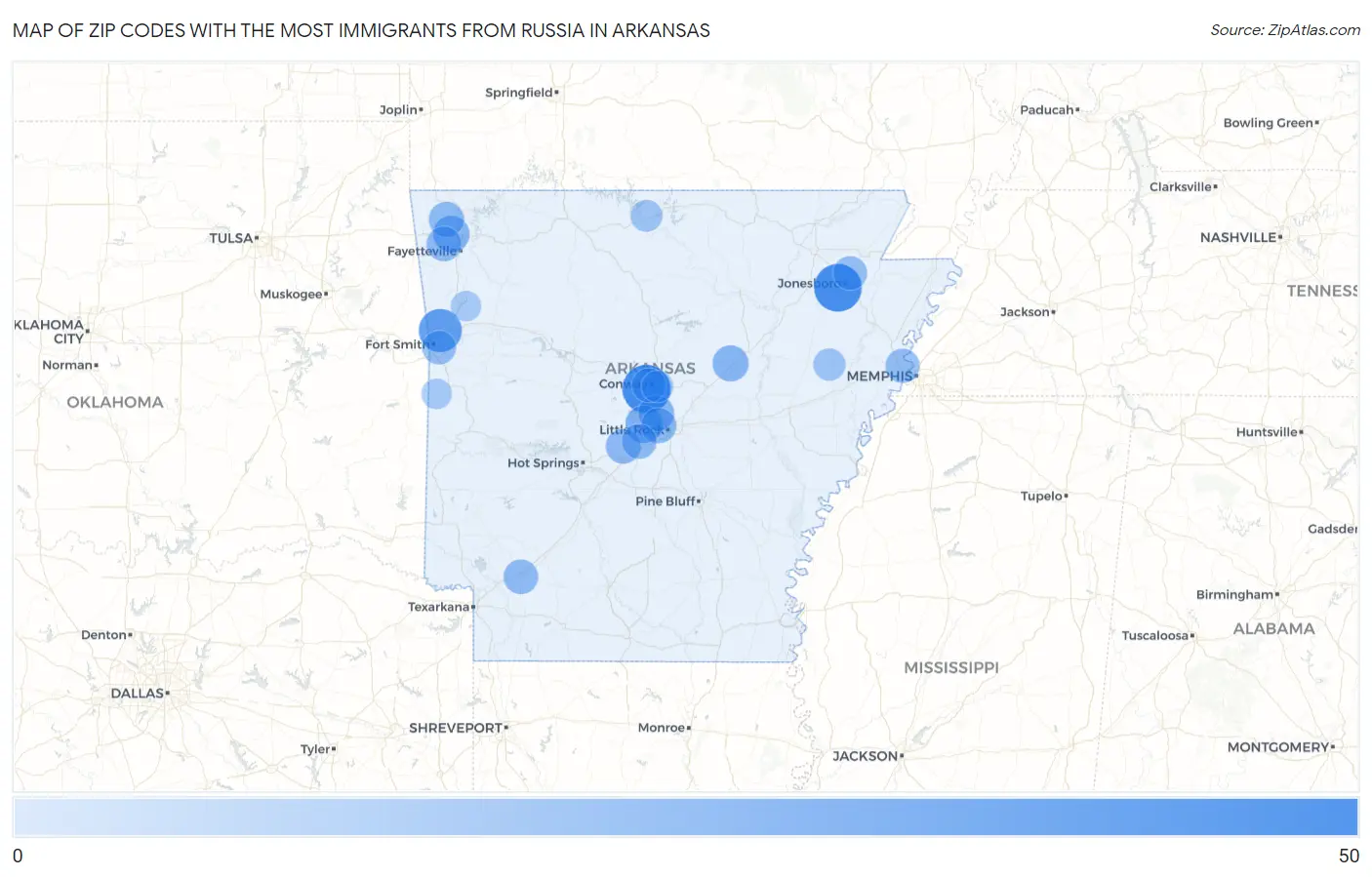 Zip Codes with the Most Immigrants from Russia in Arkansas Map