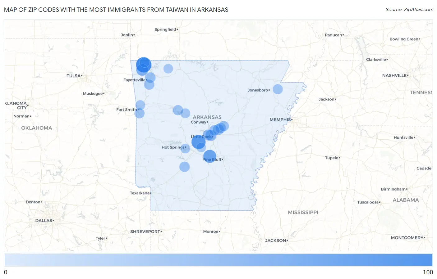 Zip Codes with the Most Immigrants from Taiwan in Arkansas Map