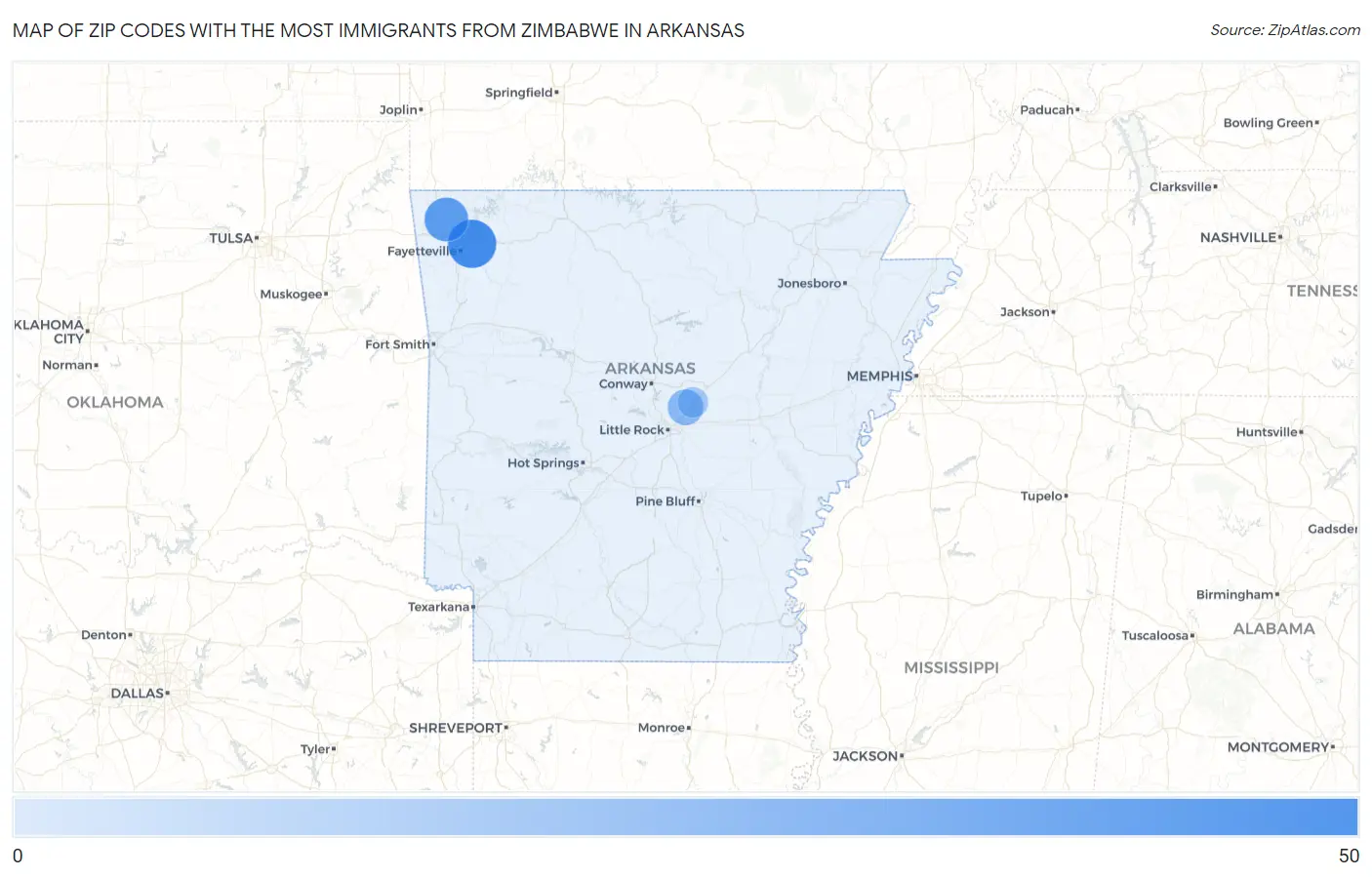 Zip Codes with the Most Immigrants from Zimbabwe in Arkansas Map