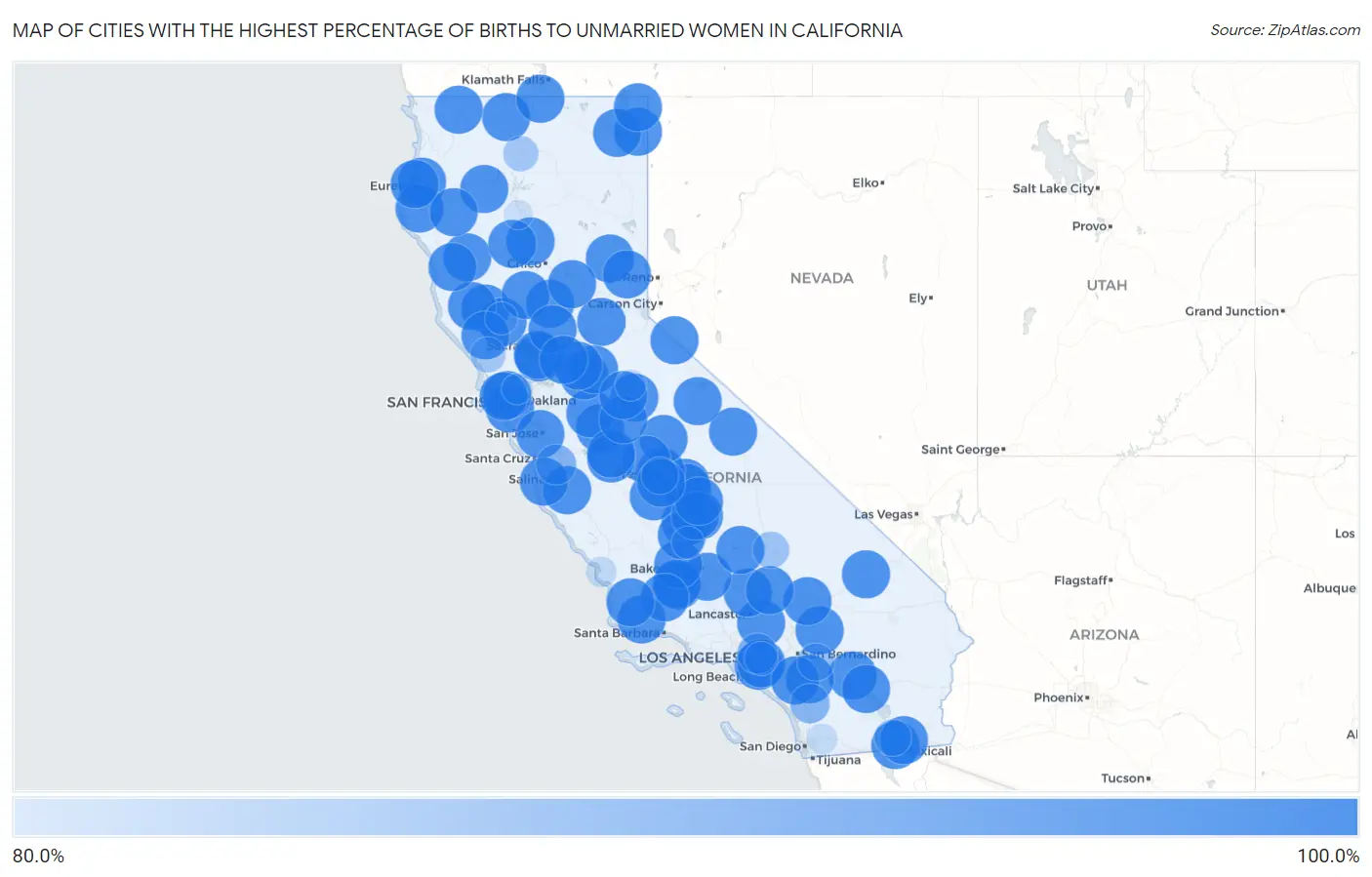 Cities with the Highest Percentage of Births to Unmarried Women in California Map