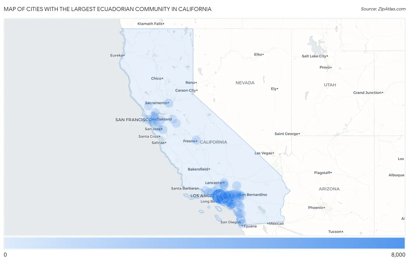 Cities with the Largest Ecuadorian Community in California Map