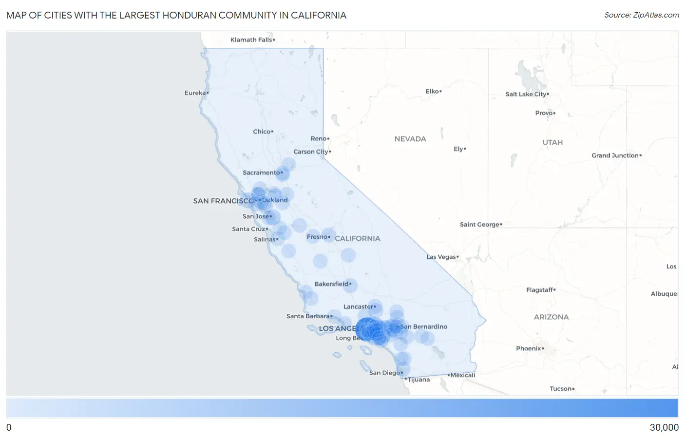 Cities with the Largest Honduran Community in California Map