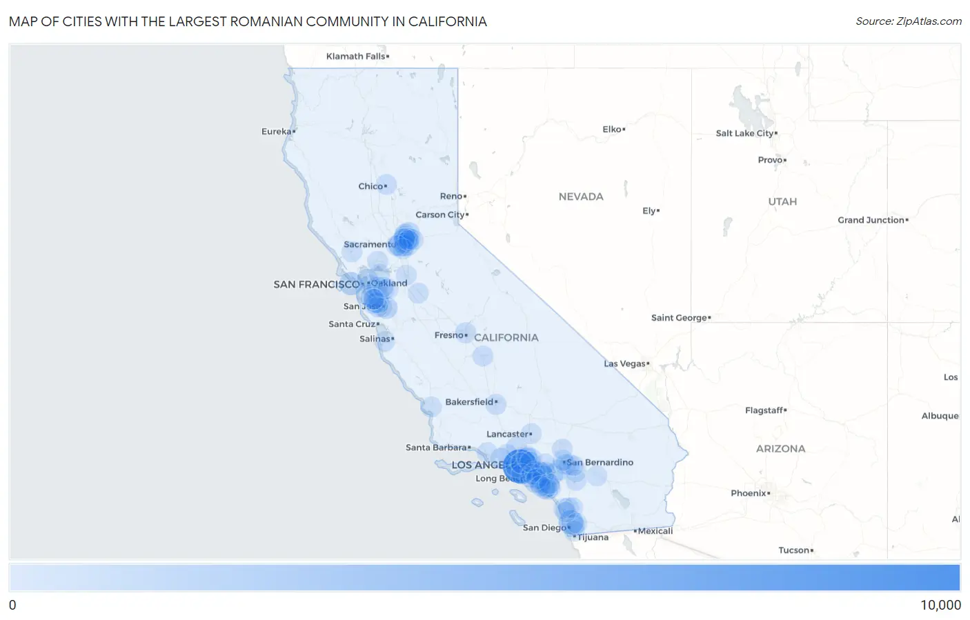 Cities with the Largest Romanian Community in California Map