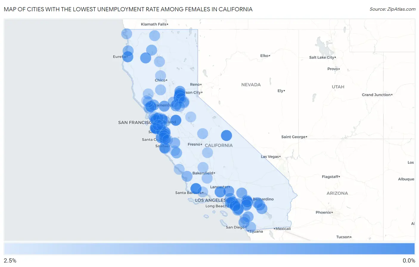Cities with the Lowest Unemployment Rate Among Females in California Map