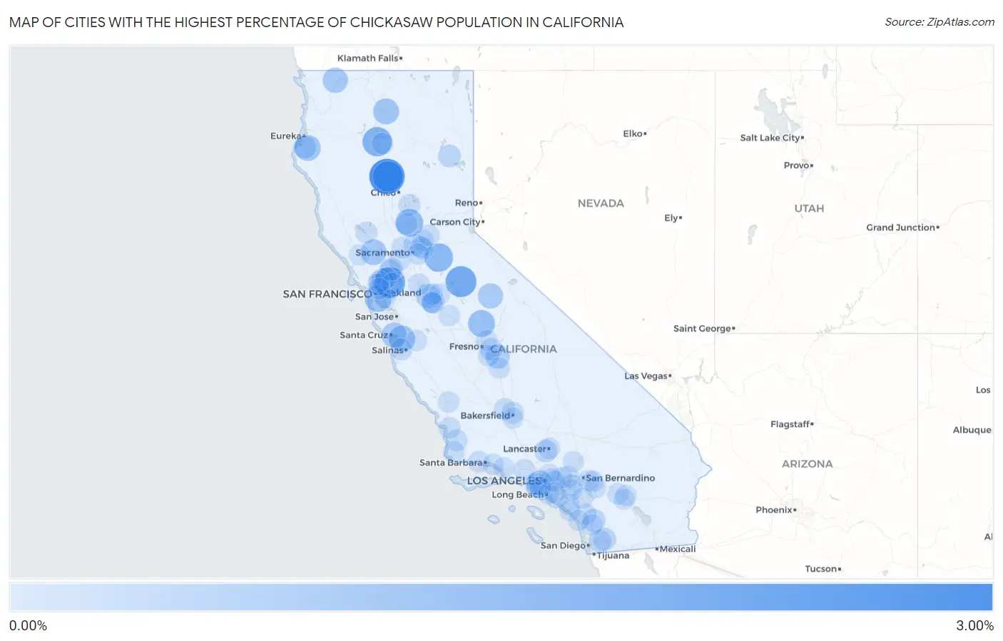 Cities with the Highest Percentage of Chickasaw Population in California Map