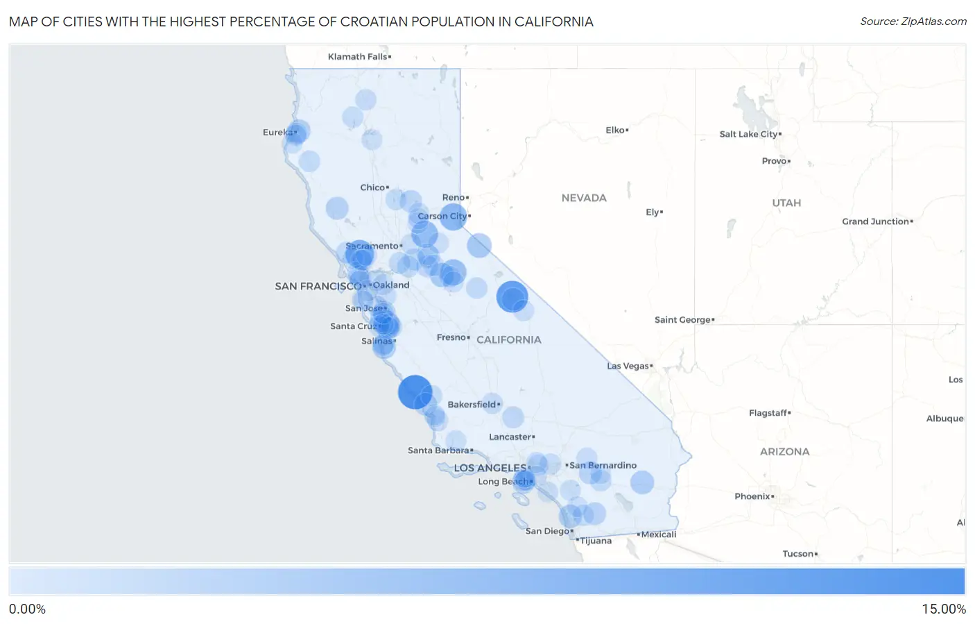 Cities with the Highest Percentage of Croatian Population in California Map